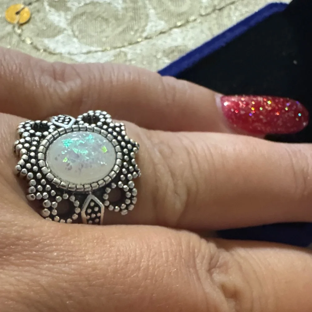 Opal Silver and White Gemstone Ring